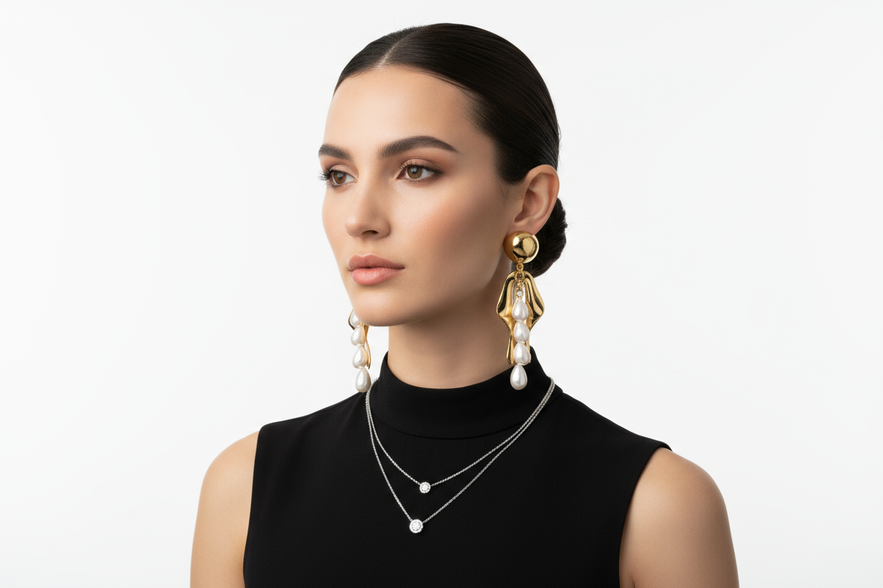 Generate model image wearing jewelry and earrings, keep background white